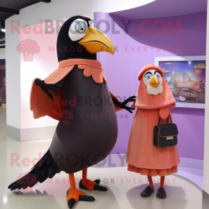 Peach Crow mascot costume character dressed with a Dress and Clutch bags