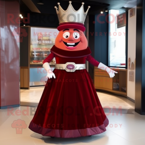 Maroon Queen mascot costume character dressed with a A-Line Dress and Belts