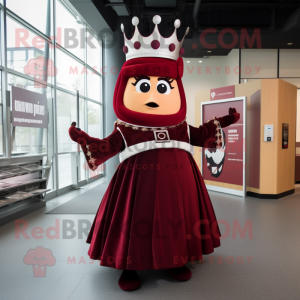 Maroon Queen mascot costume character dressed with a A-Line Dress and Belts