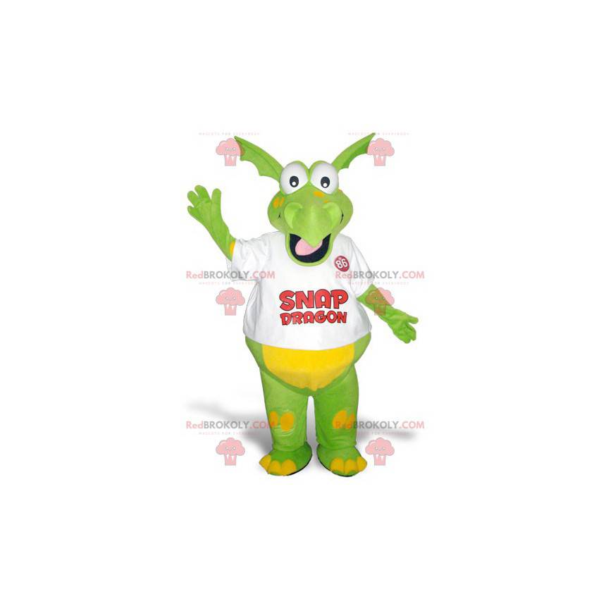 Mascote dragão verde e amarelo engraçado e colorido -