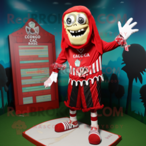 Red Graveyard mascot costume character dressed with a Board Shorts and Wraps