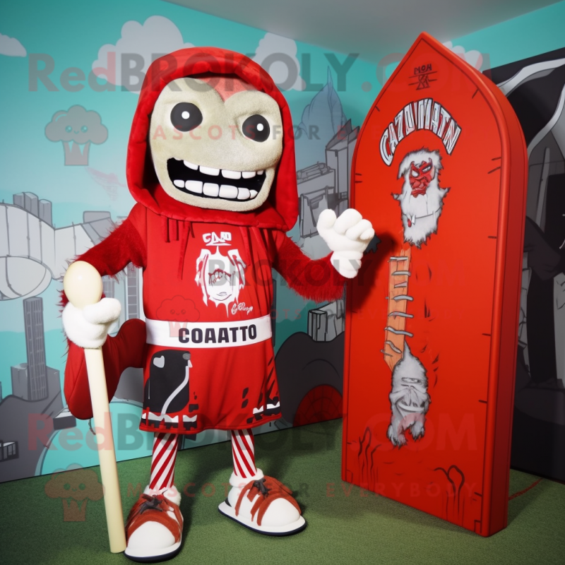 Red Graveyard mascot costume character dressed with a Board Shorts and Wraps Red Graveyard mascot costume character dressed with a Board Shorts and Wraps