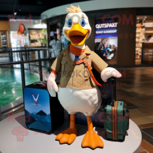 Tan Geese mascot costume character dressed with a Board Shorts and Briefcases