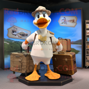 Tan Geese mascot costume character dressed with a Board Shorts and Briefcases