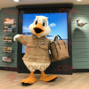 Tan Geese mascot costume character dressed with a Board Shorts and Briefcases