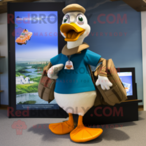 Tan Geese mascot costume character dressed with a Board Shorts and Briefcases