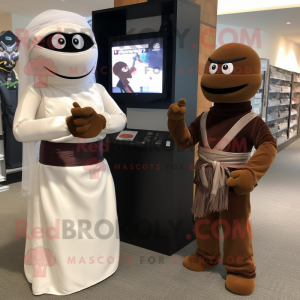 Brown Ninja mascot costume character dressed with a Wedding Dress and Watches