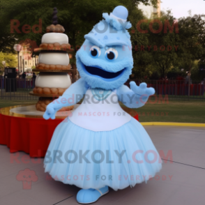 Sky Blue Wedding Cake mascot costume character dressed with a Ball Gown and Foot pads