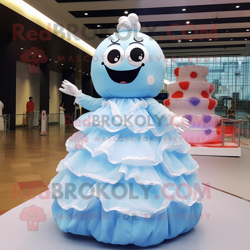 Sky Blue Wedding Cake mascot costume character dressed with a Ball Gown and Foot pads