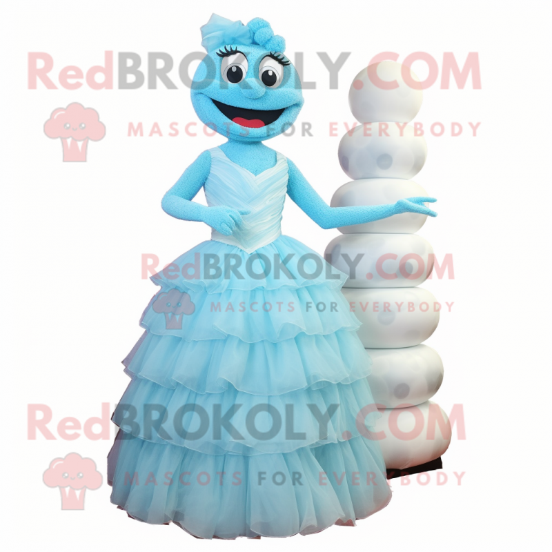 Sky Blue Wedding Cake mascot costume character dressed with a Ball Gown and Foot pads Sky Blue Wedding Cake mascot costume character dressed with a Ball Gown and Foot pads