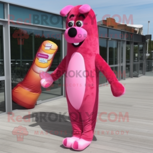 Magenta Hot Dogs mascot costume character dressed with a Bikini and Foot pads