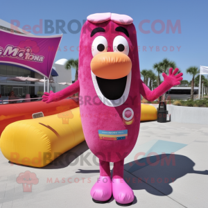 Magenta Hot Dogs mascot costume character dressed with a Bikini and Foot pads