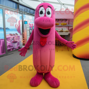 Magenta Hot Dogs mascot costume character dressed with a Bikini and Foot pads