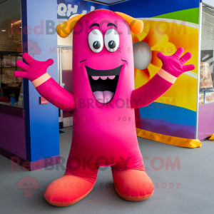 Magenta Hot Dogs mascot costume character dressed with a Bikini and Foot pads