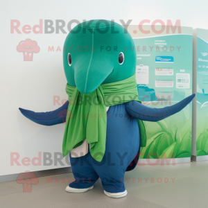 Forest Green Blue Whale mascot costume character dressed with a Jeggings and Shawls