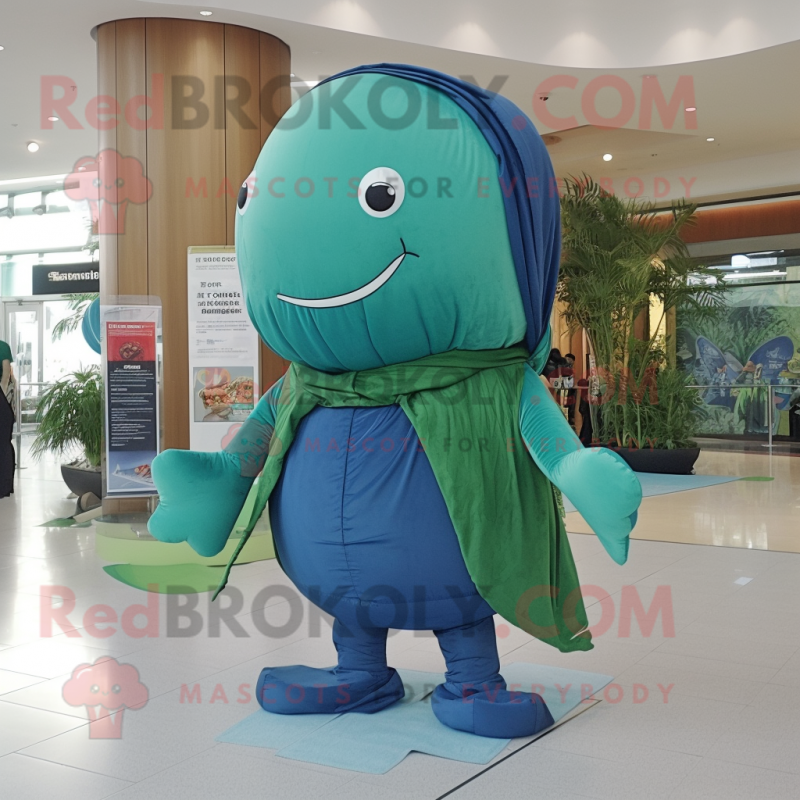 Forest Green Blue Whale mascot costume character dressed with a Jeggings and Shawls Forest Green Blue Whale mascot costume character dressed with a Jeggings and Shawls