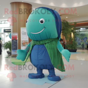 Forest Green Blue Whale mascot costume character dressed with a Jeggings and Shawls