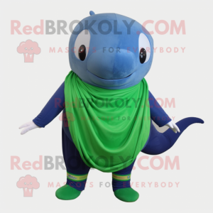 Forest Green Blue Whale mascot costume character dressed with a Jeggings and Shawls