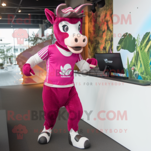 Magenta Okapi mascot costume character dressed with a Joggers and Headbands