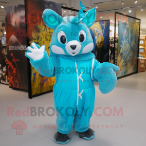 Turquoise Flying Squirrel mascot costume character dressed with a Parka and Mittens