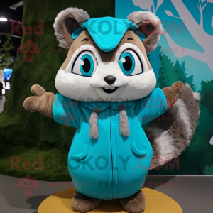 Turquoise Flying Squirrel mascot costume character dressed with a Parka and Mittens