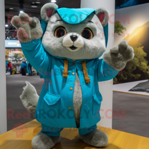 Turquoise Flying Squirrel mascot costume character dressed with a Parka and Mittens