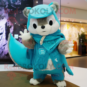 Turquoise Flying Squirrel mascot costume character dressed with a Parka and Mittens