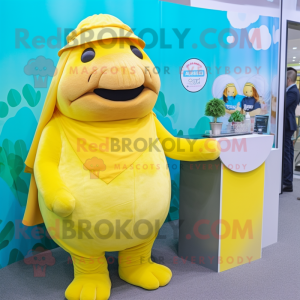 Lemon Yellow Walrus mascot costume character dressed with a Mini Skirt and Caps