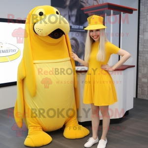 Lemon Yellow Walrus mascot costume character dressed with a Mini Skirt and Caps