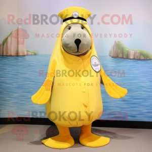 Lemon Yellow Walrus mascot costume character dressed with a Mini Skirt and Caps