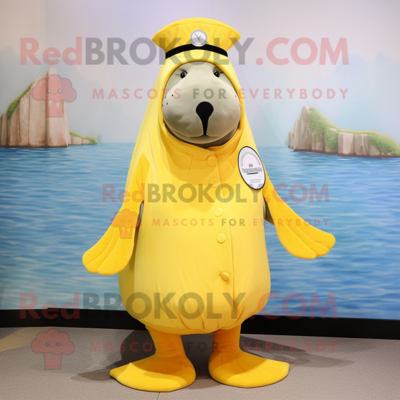 Lemon Yellow Walrus mascot costume character dressed with a Mini Skirt and Caps Lemon Yellow Walrus mascot costume character dressed with a Mini Skirt and Caps