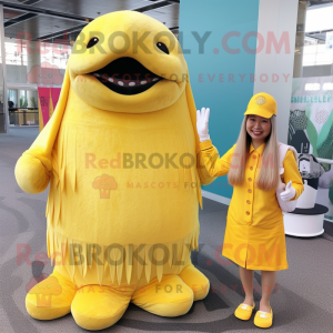 Lemon Yellow Walrus mascot costume character dressed with a Mini Skirt and Caps
