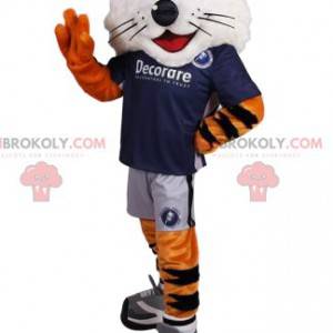 Mascota del tigre cómico y su camiseta azul de partidario -