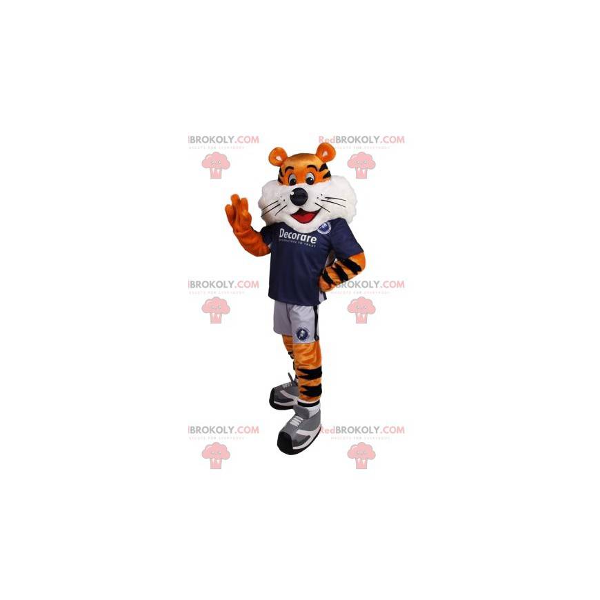 Mascotte de tigre comique et son maillot de supporter bleu -