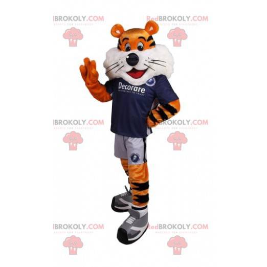 Mascote tigre cômico e sua camisa de torcedor azul -