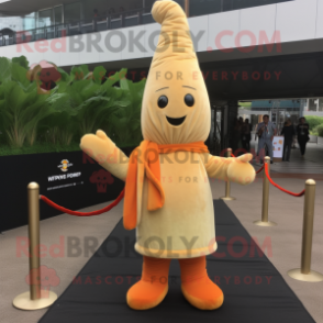 Gold Carrot mascot costume character dressed with a Mini Dress and Shawl pins