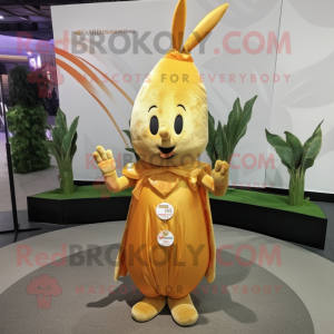 Gold Carrot mascot costume character dressed with a Mini Dress and Shawl pins