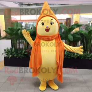 Gold Carrot mascot costume character dressed with a Mini Dress and Shawl pins