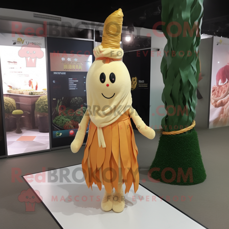 Gold Carrot mascot costume character dressed with a Mini Dress and Shawl pins Gold Carrot mascot costume character dressed with a Mini Dress and Shawl pins