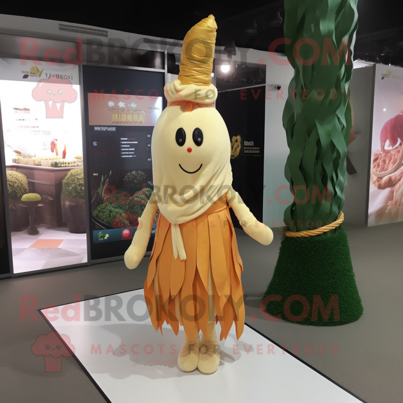 Gold Carrot mascot costume character dressed with a Mini Dress and Shawl pins