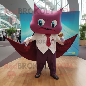 Maroon Manta Ray mascot costume character dressed with a Dress Shirt and Pocket squares
