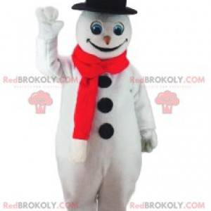 Mascotte de bonhomme de neige avec son grand chapeau noir -