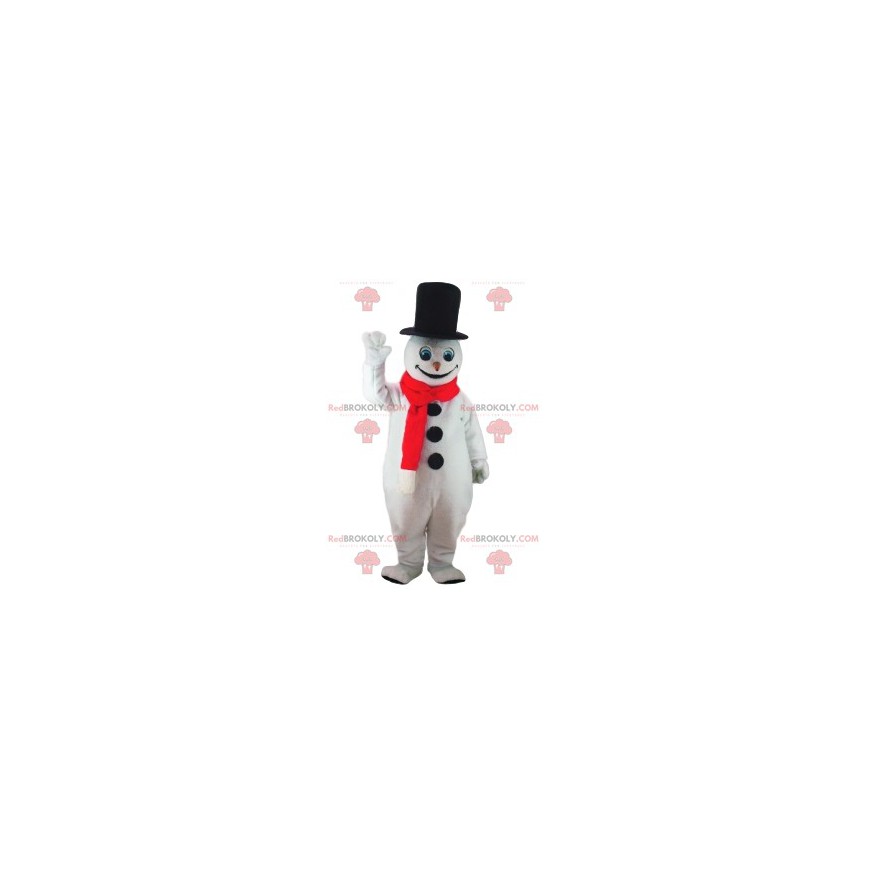 Mascote do boneco de neve com seu grande chapéu preto -
