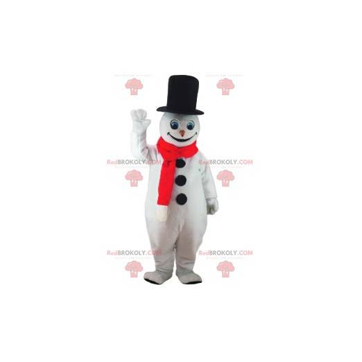 Mascotte de bonhomme de neige avec son grand chapeau noir -