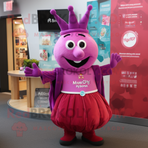 Magenta Queen mascot costume character dressed with a Waistcoat and Backpacks