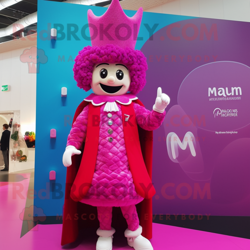 Magenta Queen mascot costume character dressed with a Waistcoat and Backpacks Magenta Queen mascot costume character dressed with a Waistcoat and Backpacks