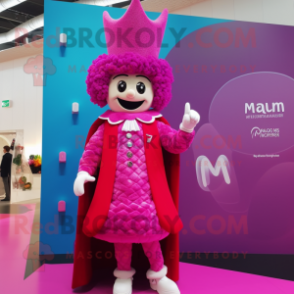 Magenta Queen mascot costume character dressed with a Waistcoat and Backpacks