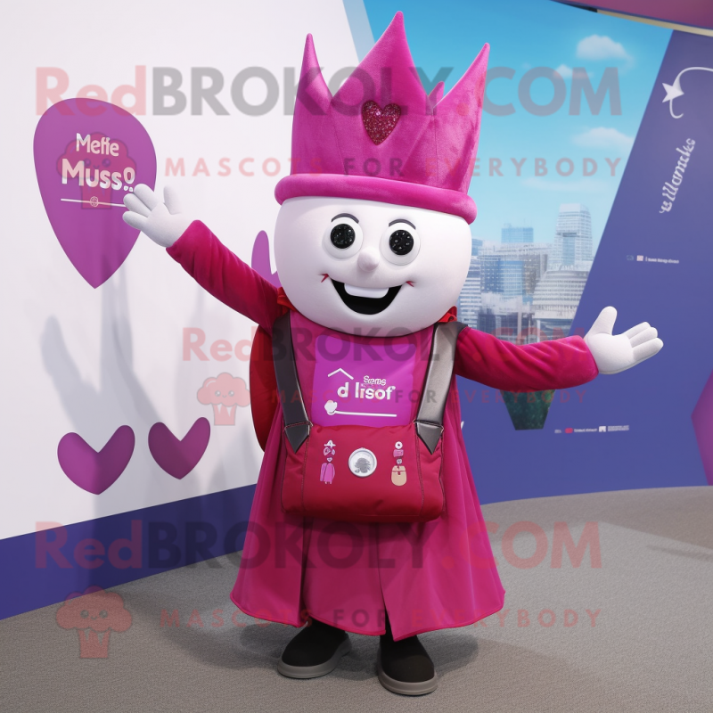 Magenta Queen mascot costume character dressed with a Waistcoat and Backpacks Magenta Queen mascot costume character dressed with a Waistcoat and Backpacks