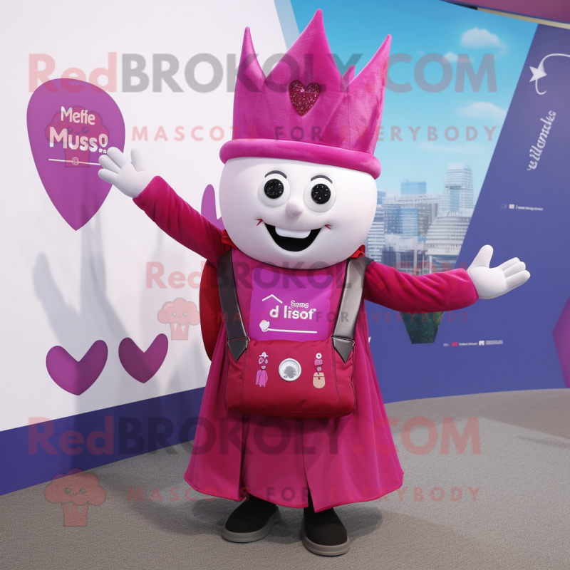 Magenta Queen mascot costume character dressed with a Waistcoat and Backpacks