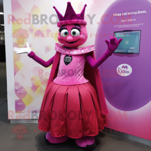 Magenta Queen mascot costume character dressed with a Waistcoat and Backpacks